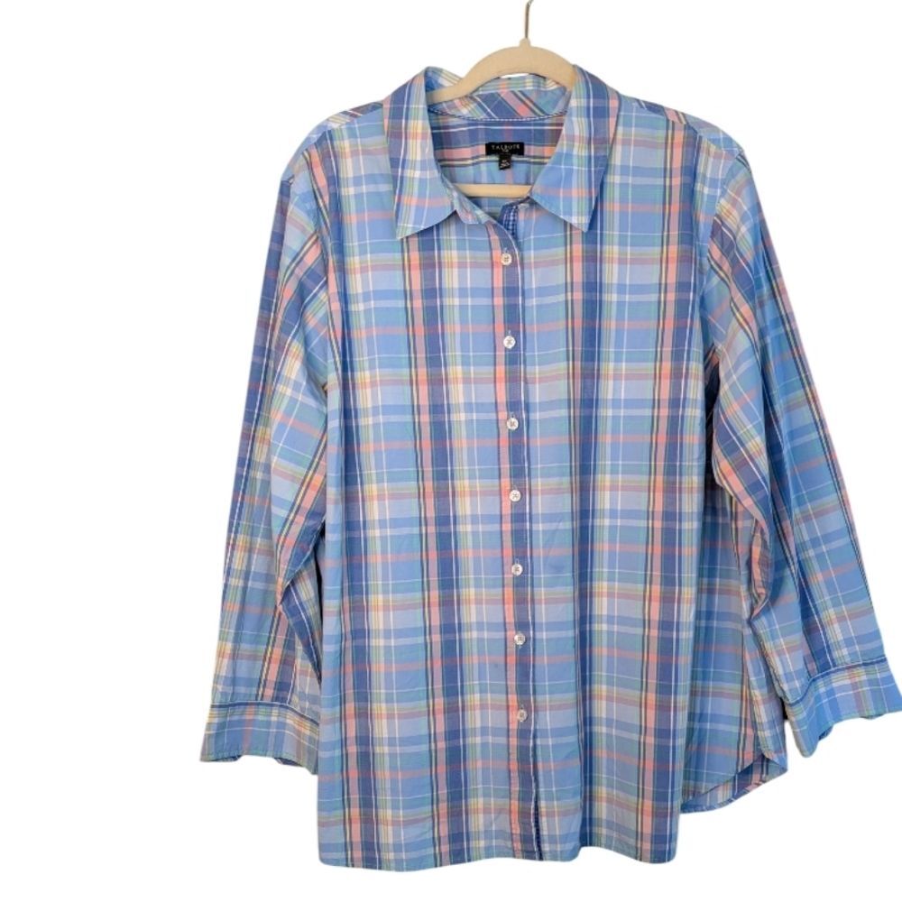 Talbots blue plaid classic button-down shirt size 3X cotton pastel spring office